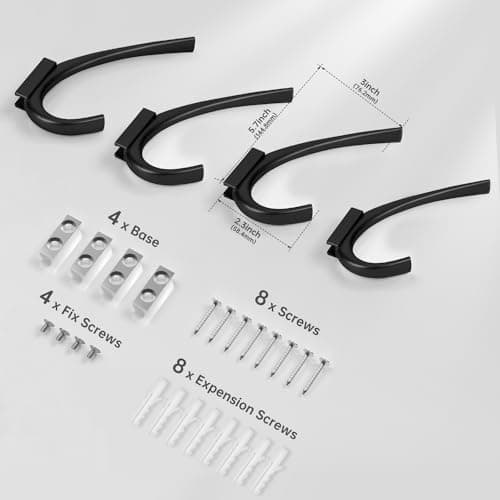 Heavy Duty Matte Black Towel Hooks, 4 Packs, 5.7 Inch Coat Hooks