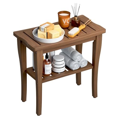 Bamboo Waterproof Shower Bench Stool with Storage, Ideal for Adults & Seniors Indoors or Outdoors — Walnut