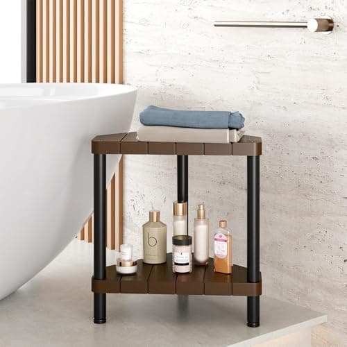 Non-Slip Brown Shower Bench for Inside Corner Showers with Adjustable Feet