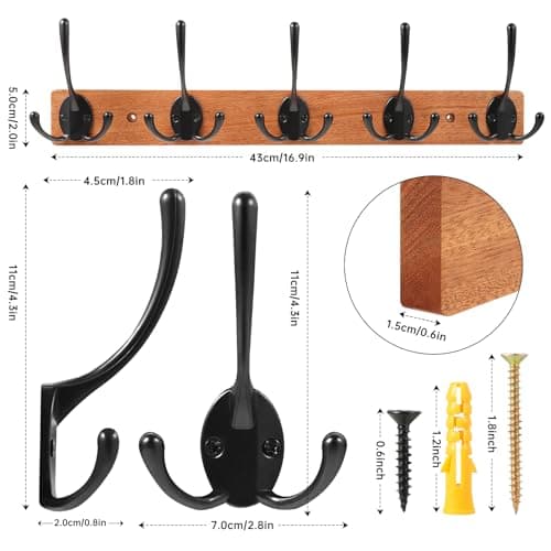 Wall Mounted Coat Rack with 5 Hooks, Wooden and Metal Design for Entryway