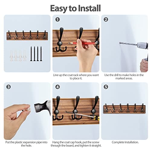 Brown Wooden Heavy Duty Coat Rack with 6 Hooks