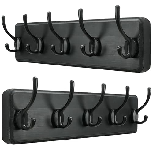 SKOLOO Rustic Pine Wall Mount Coat Rack - 5 Hooks — Black Plate & Black Hook