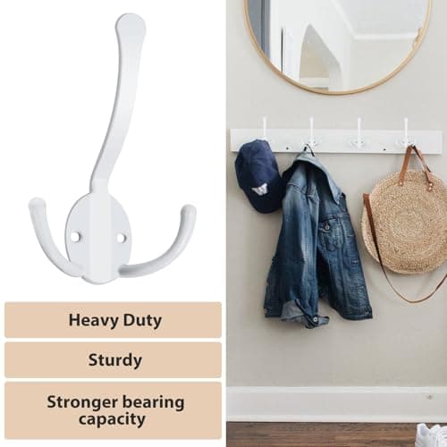 Heavy Duty 8 Pack Metal Coat Hooks, Large Prongs for Hanging Towels, Coats, Scarves - Rustproof White