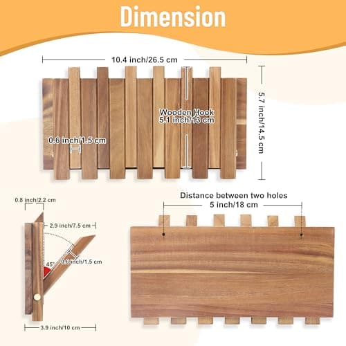 Rustic Wood Wall Coat Rack 6 Hooks 10.4inch Retractable Small Spaces