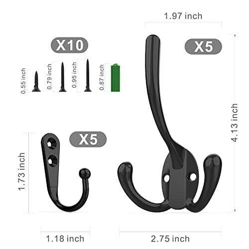 10 Pack Heavy Duty Black Wall Hooks for Mudroom, Backpacks, Robes + 30 Screws
