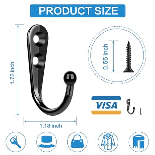 Black Metal Wall Hooks - 15pcs, Support Coats, Scarves, Keys - Includes 30 Screws