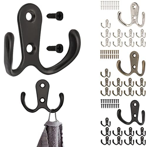 Heavy Duty Double Prong Wall Mount Coat Hooks (10 Pack, Black) — Black/Bronze/Silvery