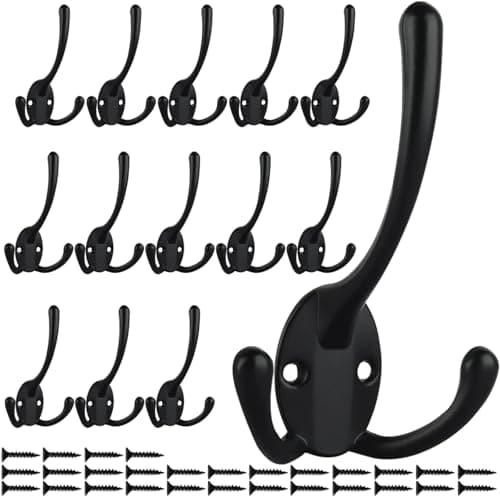 Heavy Duty Triple Coat Hooks Wall Mounted - Set of 14 with Screws, Black - Utility Hooks for Coat, Bag, Towel, Umbrella - Retro Style - Rustic Design - Ideal for Home or Office