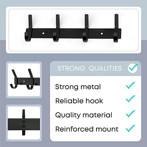 12-Inch Rustic Matte Black Coat Rack with 4 Double Hooks – SUS304 Stainless Steel – Wall Mount