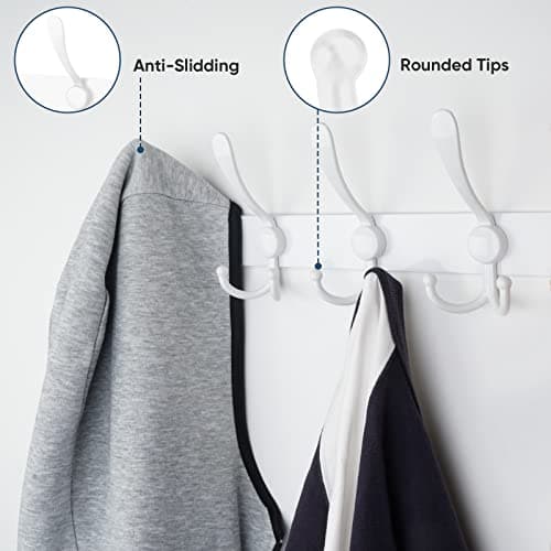 TICONN Wall Mount Coat Rack, 2-Pack White, 5 Heavy-Duty Hooks