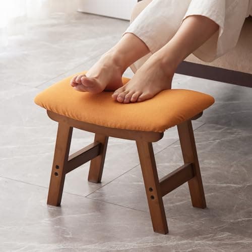 Bamboo Desk Foot Stool, Black Legs & Surface - Extra Seating — Brown Stool Legs - Orange Surface