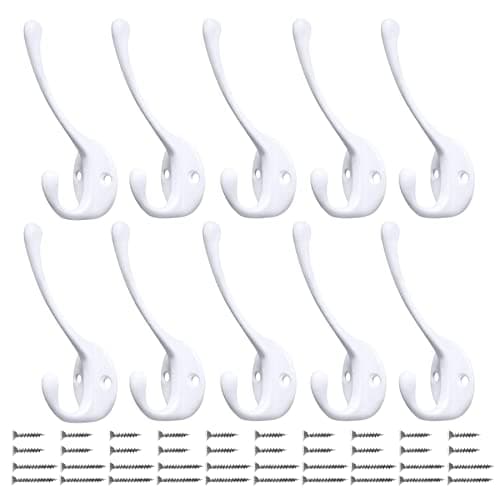 10 Pack Heavy Duty Dual Coat Hooks - Wall Mount with 40 Screws