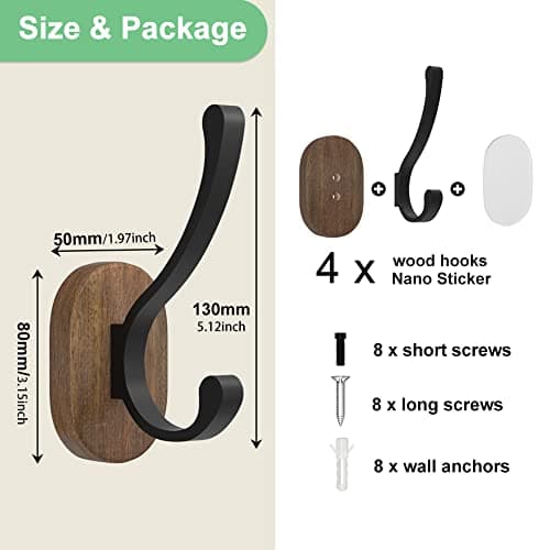 4 Pack Wood Wall Hooks for Coats, Hats, Keys & Towels