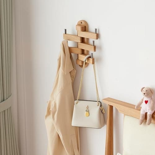 Natural Oak Swivel Coat Rack with 5 Arms for Wall (12") Kitchen Bedroom Bathroom