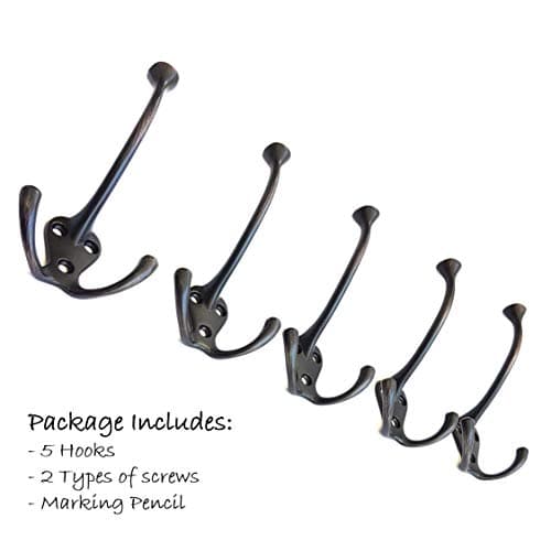 Oil Rubbed Bronze Ambipolar 5 Pack TriLeg Hooks, Heavy Duty Coat & Towel Hangers