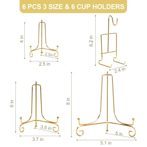 3 Size Gold Plate Stands 6pcs for Display Plates, Cup & Saucer, Picture Frames, Tableware Organizer