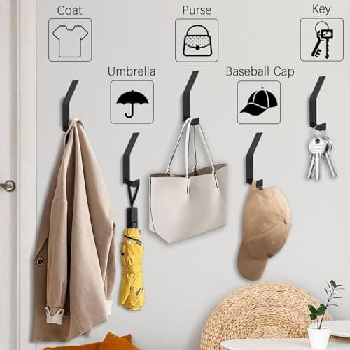 Heavy Duty 6 Pack Wall Mount Coat Hooks - Black, Decorative Metal for Mudroom Bathrobe Hanging
