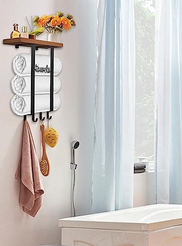 Wooden Shelf Towel Holder with 4 Hooks for Narrow Bathrooms