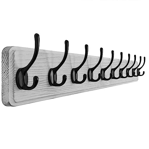 SKOLOO Rustic Pine Wall Mount Coat Rack - 5 Hooks — White Plate & Black Hook