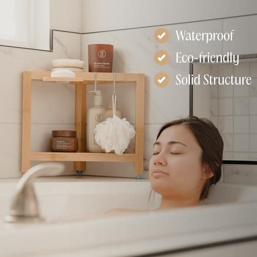 ATALIA Corner Shower Stool - Waterproof Bamboo Leg Shaver Rest with Storage Shelf