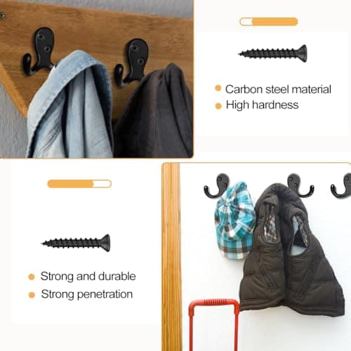 10 Pack Heavy Duty Wall Hooks for Coats, Bags, and Towels - Metal Double Prong (Black)