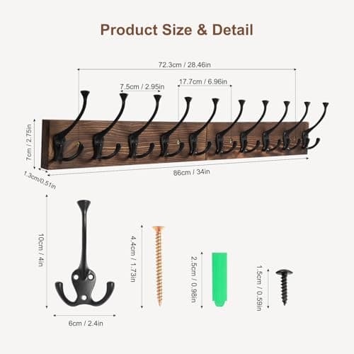 Rustic Large Coat Rack with 10 Hooks for Entryway and Farmhouse Style