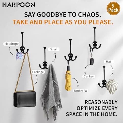 HARPOON 5 Pack Heavy Duty Three Flared Prongs Coat Hooks, Black
