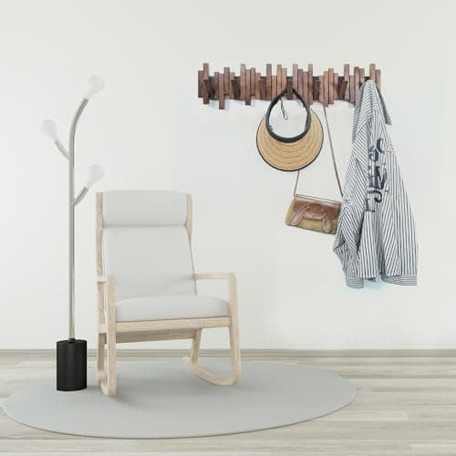 Wooden Wall Mount Coat Rack with 7 Unique Hooks in Natural Walnut