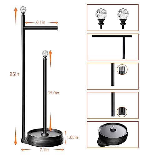 Heavy-Duty Metal-Free Toilet Paper Holder with Crystal Ball, Matte Black Stand