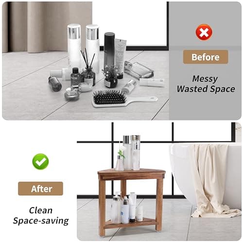 Corner Shower Foot Rest for Shaving Legs - Waterproof Acacia Wood Stool with Storage Shelf (14in)
