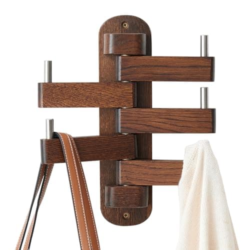 Natural Oak Swivel Coat Rack with 5 Arms for Wall (12") Kitchen Bedroom Bathroom — Walnut