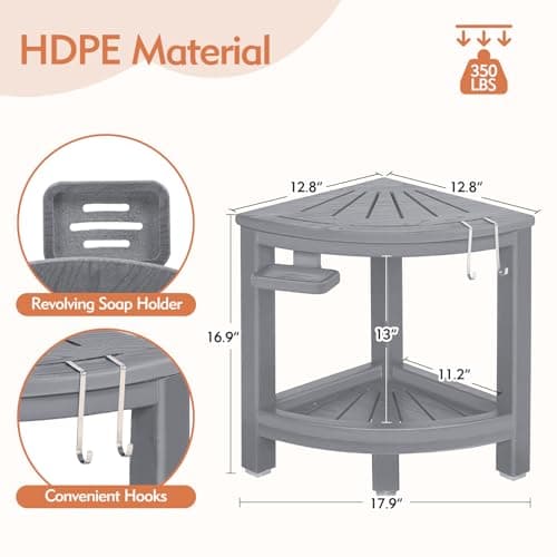 HDPE Non-Slip Grey Corner Shower Stool with Hooks & Soap Dish
