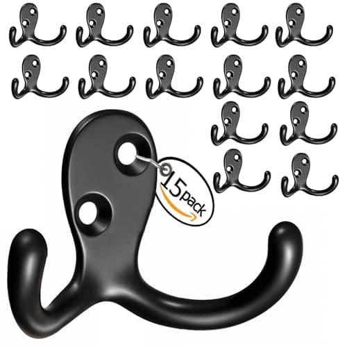Black Double Prong Coat Hooks - 15 Pack, Wall Mounted, Heavy-Duty for Living Room, Bedroom, and Entryway