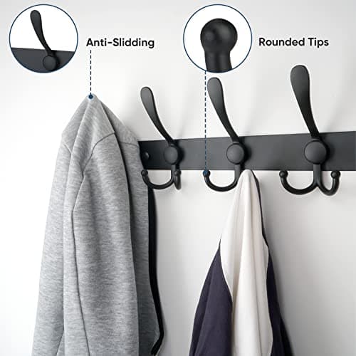 Wall Mounted Coat Rack with Five Tri Hooks (2-Pack) - Matte Black, Heavy Duty Metal Construction for Mudroom Entryway