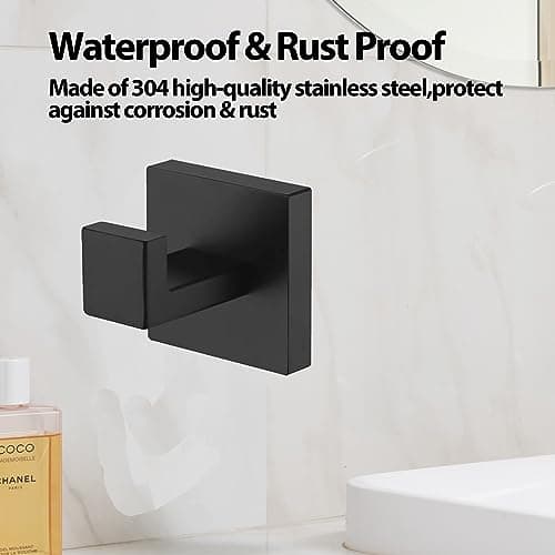 Kruodop Black Matte Square Stainless Steel Towel Hooks, 4 PCS Wall Mount for Bathroom, Kitchen, Bedroom