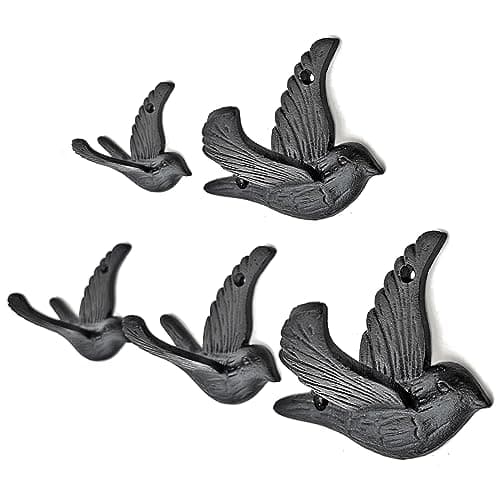 Ambipolar Vintage Black Bird Hook 5-Pack, Sturdy Rustic Farmhouse Coats & Hats