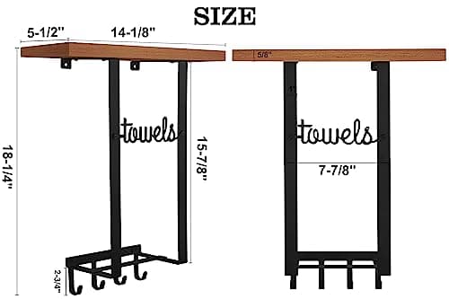 Wooden Shelf Towel Holder with 4 Hooks for Narrow Bathrooms