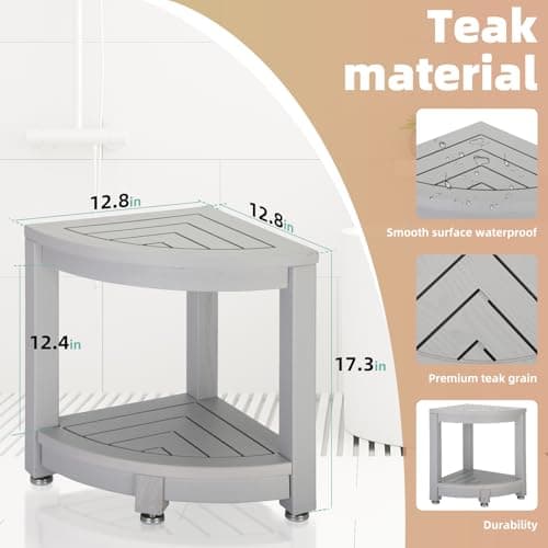 Magam Waterproof Teak Shower Stool with Storage & Non-Slip Feet (Gray)