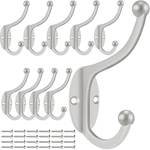 ZEYU 10PC Coat & Towel Hooks, No Rust, Black, Wall Mounted — 10Pcs Silvery