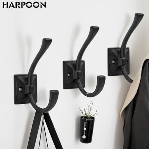 HARPOON Heavy Duty Wall Mount Hooks, Black - 10 Pcs Prong, 4 Screws