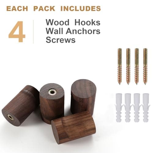 Rustic 4 Pack Wood Wall Hooks for Hanging Bags, Towels, and Clothes
