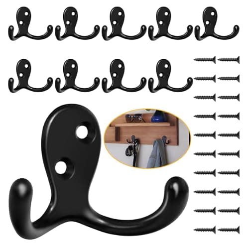 Heavy Duty 14 Pack Double Prong Coat Hooks for Hanging Towel, Coat, Bag, Hat, Cup, Key
| No Rust Black Metal Wall Mounted Coat Hooks with 28 Screws for Heavy Duty Use
| 14 Pack Coat Hooks for Hanging Towel, Coat, Bag, Hat, Cup, Key - Wall Mounted wi 