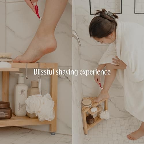 ATALIA Corner Shower Stool - Waterproof Bamboo Leg Shaver Rest with Storage Shelf