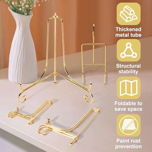 3 Size Gold Plate Stands 6pcs for Display Plates, Cup & Saucer, Picture Frames, Tableware Organizer
