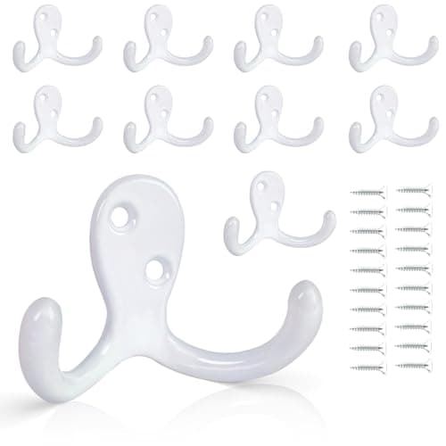 10 Pack Heavy Duty Wall Hooks for Coats, Bags, and Towels - Metal Double Prong (Black) — White-10pack