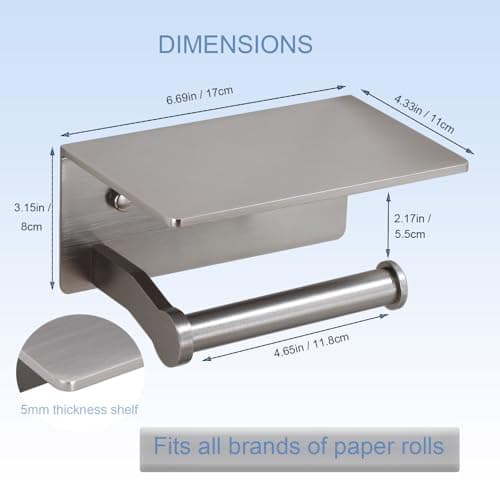 Toilet Paper Holder with Shelf & Cell Phone Storage - Adhesive or Screw Mounted