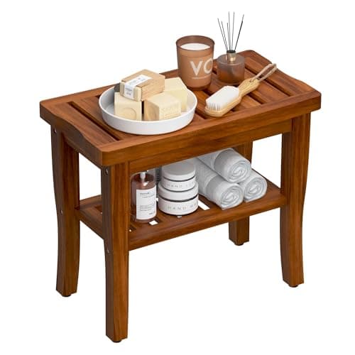 Bamboo Waterproof Shower Bench Stool with Storage, Ideal for Adults & Seniors Indoors or Outdoors — Teak