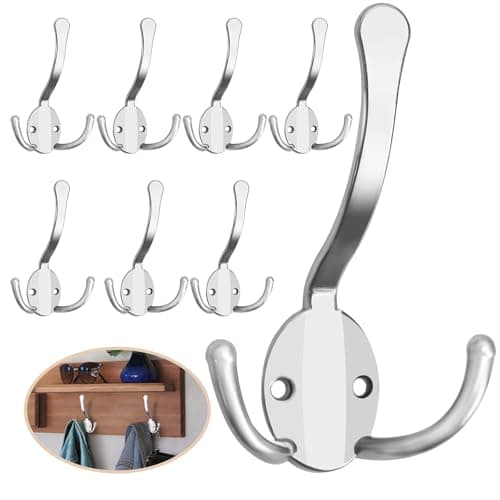 Heavy Duty 8 Pack Metal Coat Hooks, Large Prongs for Hanging Towels, Coats, Scarves - Rustproof White — 8 Pcs Silver
