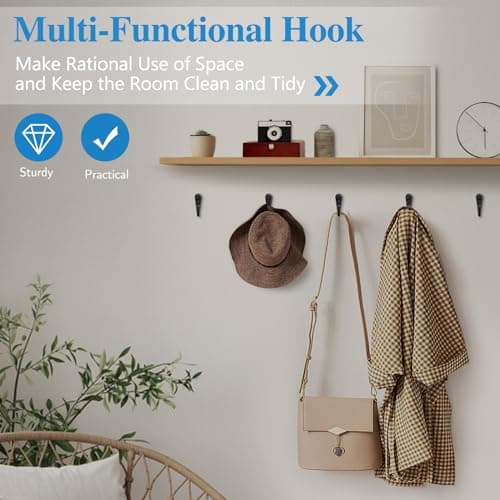Black Metal Wall Hooks - 15pcs, Support Coats, Scarves, Keys - Includes 30 Screws