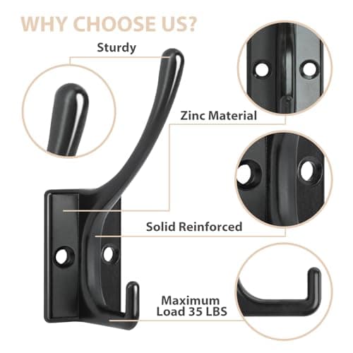 12-Pack Heavy Duty Black Wall Hooks with 24 Screws for Coats, Towels, Scarves